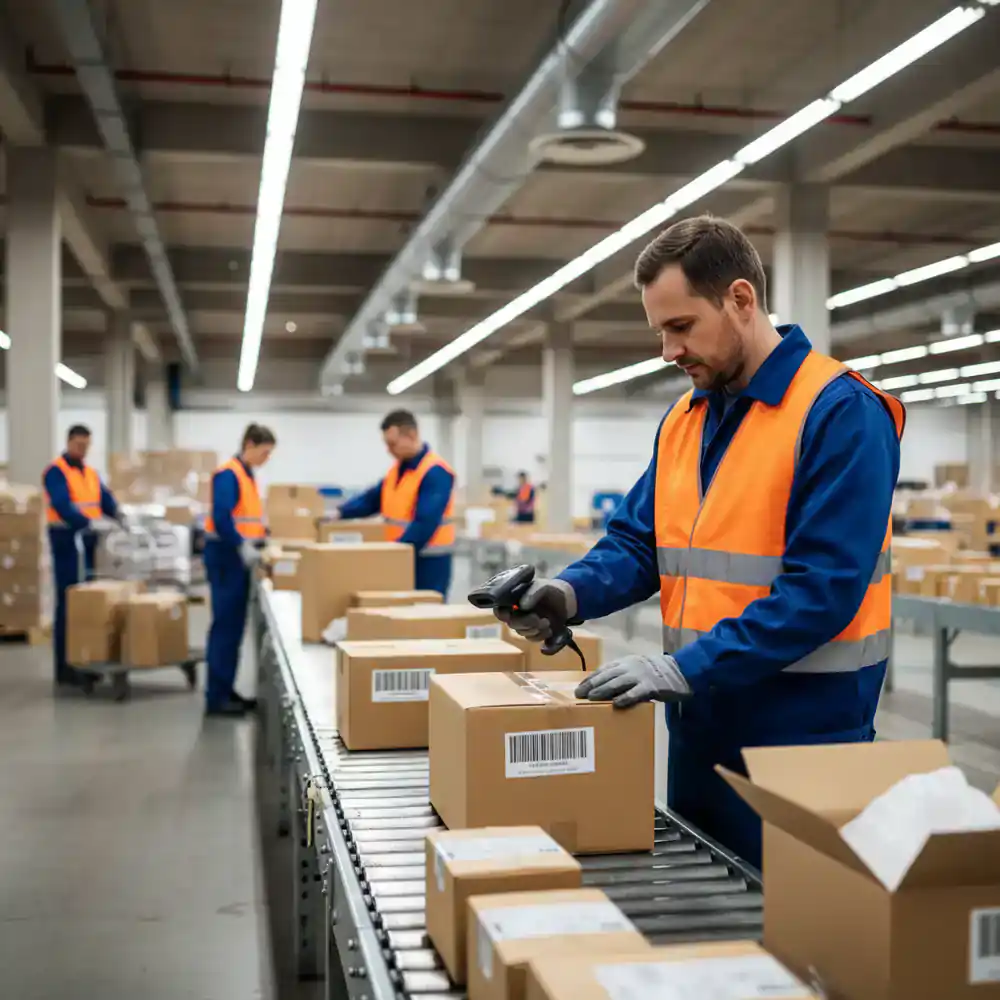 Processing a returned shipping box at a warehouse desk