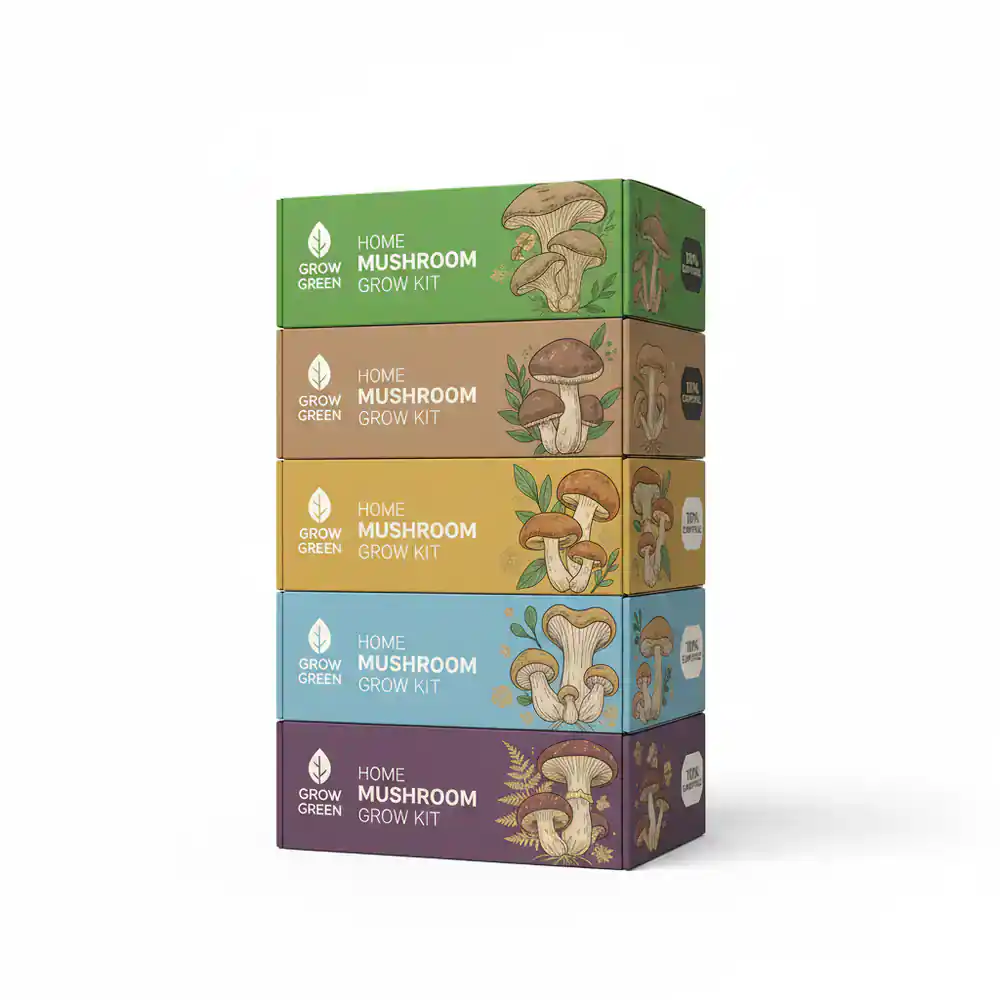 Stacked colorful retail boxes for home mushroom kits