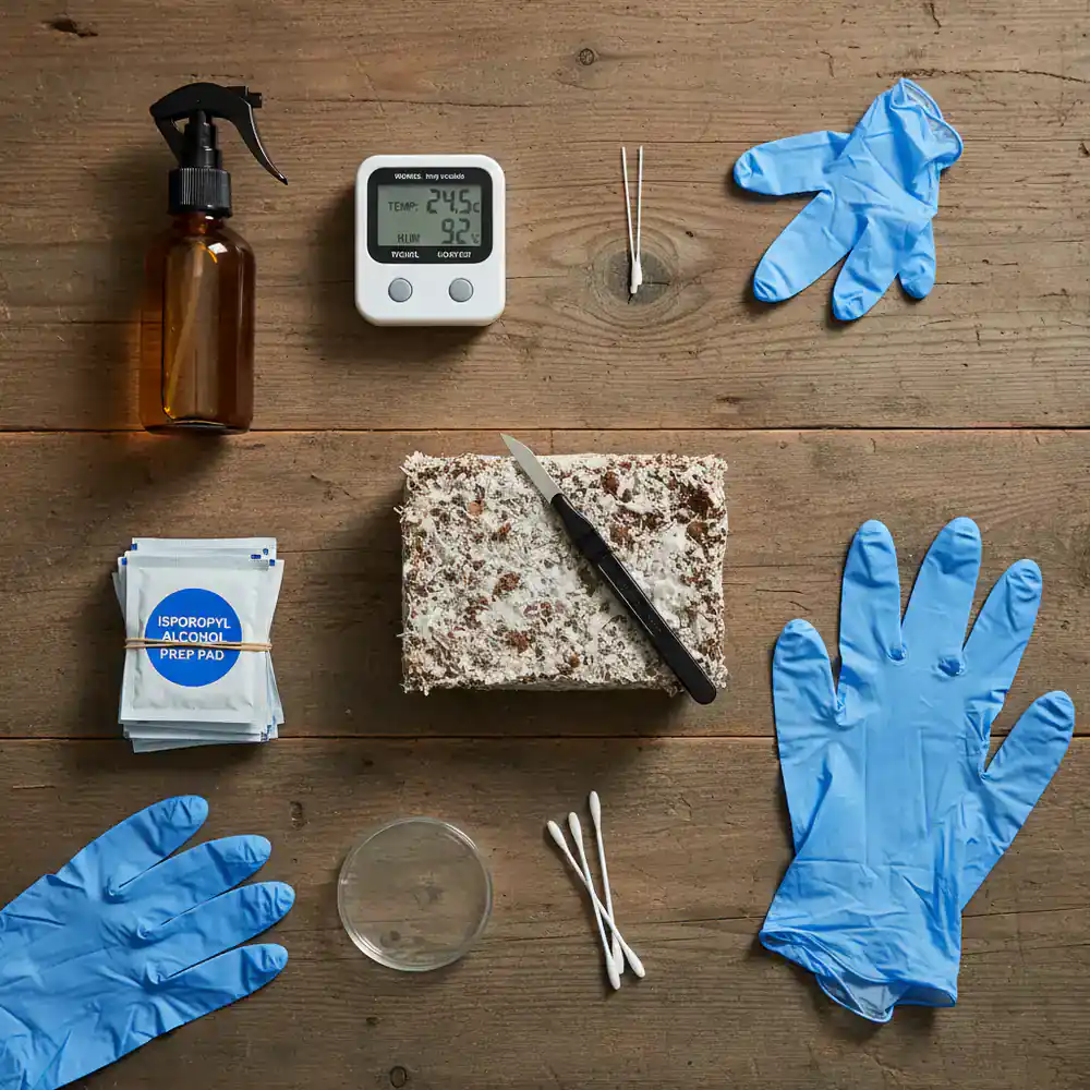 Flat lay of home mushroom growing supplies
