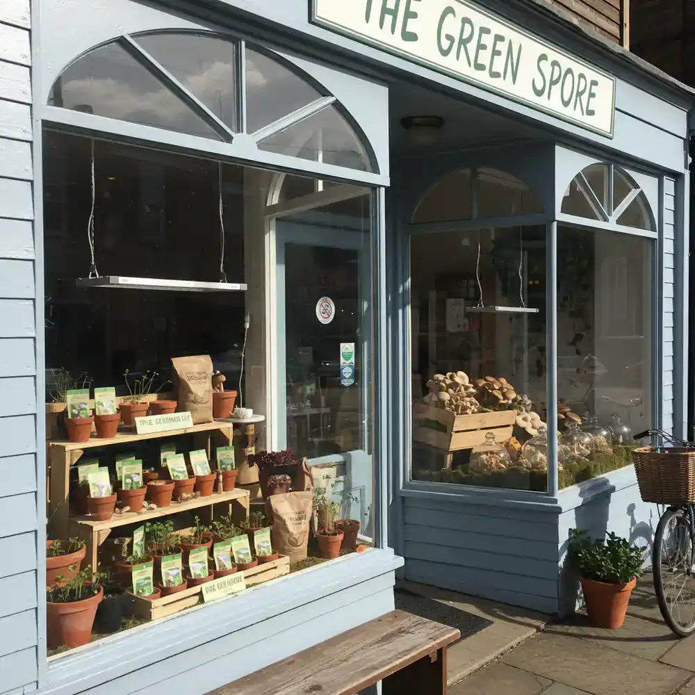 Retail storefront displaying gardening and mushroom kits