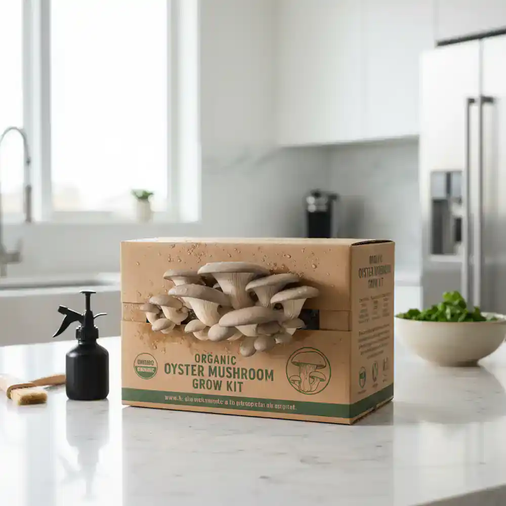 Home mushroom growing kit sprouting mushrooms on a kitchen counter