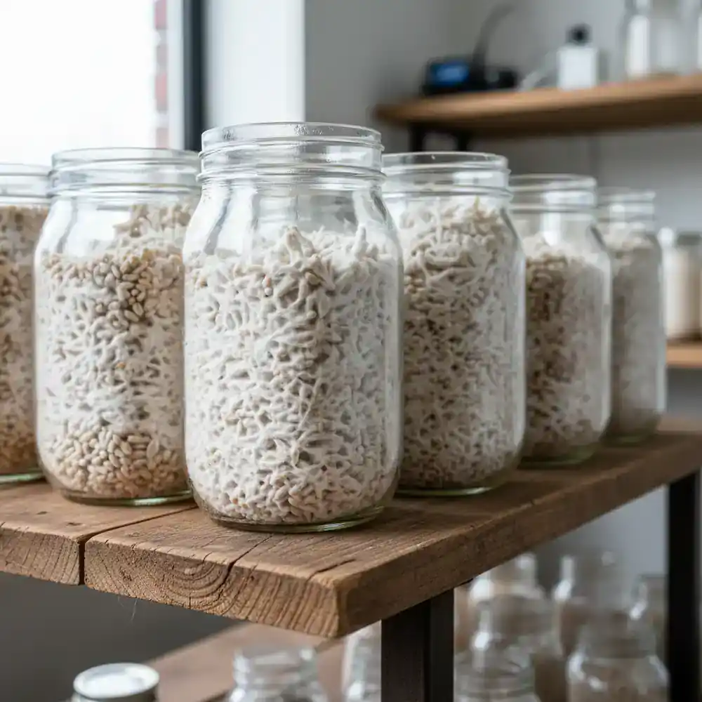 Jars of healthy mushroom mycelium grain cultures