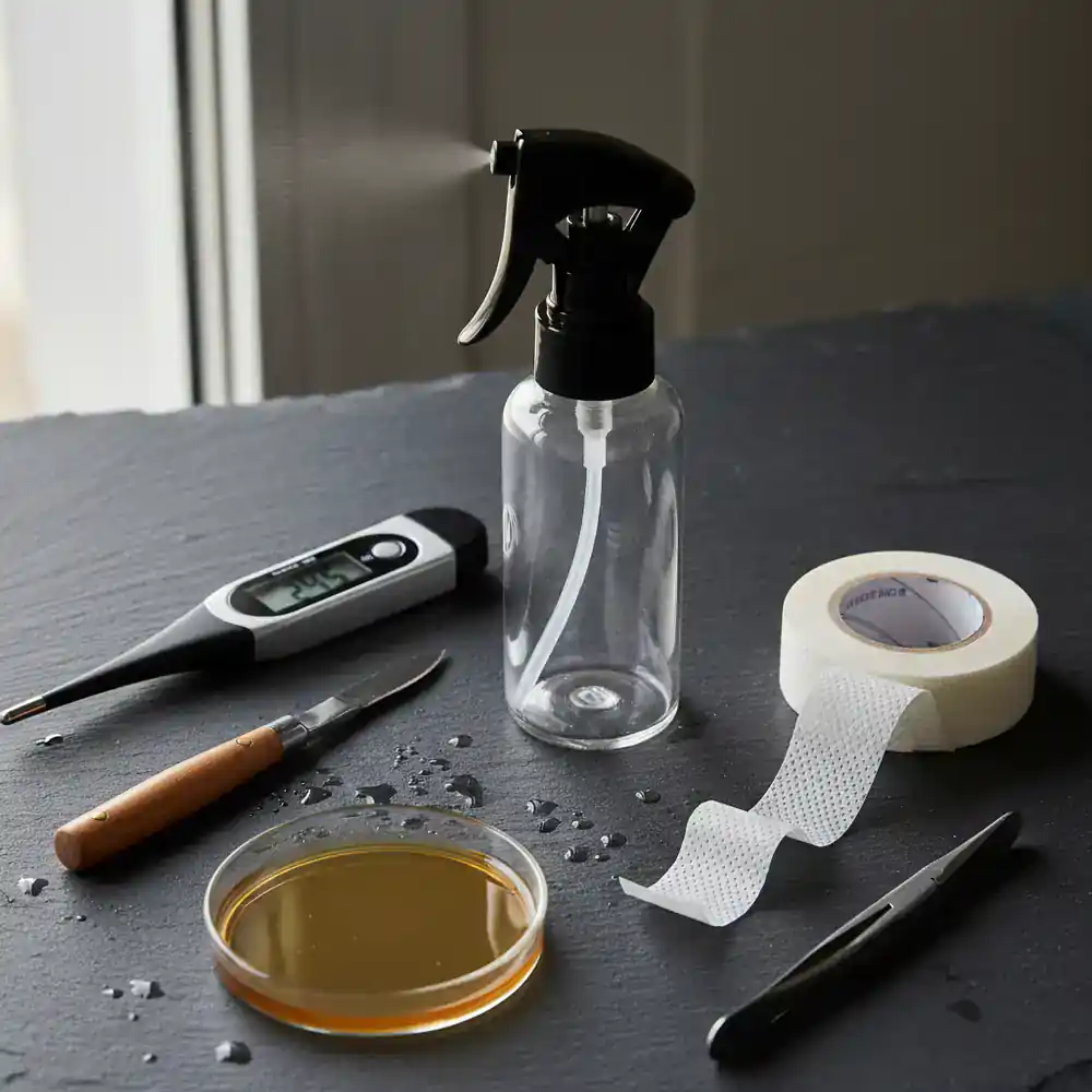 Essential mushroom grow accessories flat lay