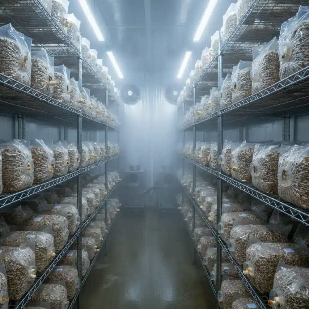 Row of ready-to-fruit mushroom blocks on wire shelves
