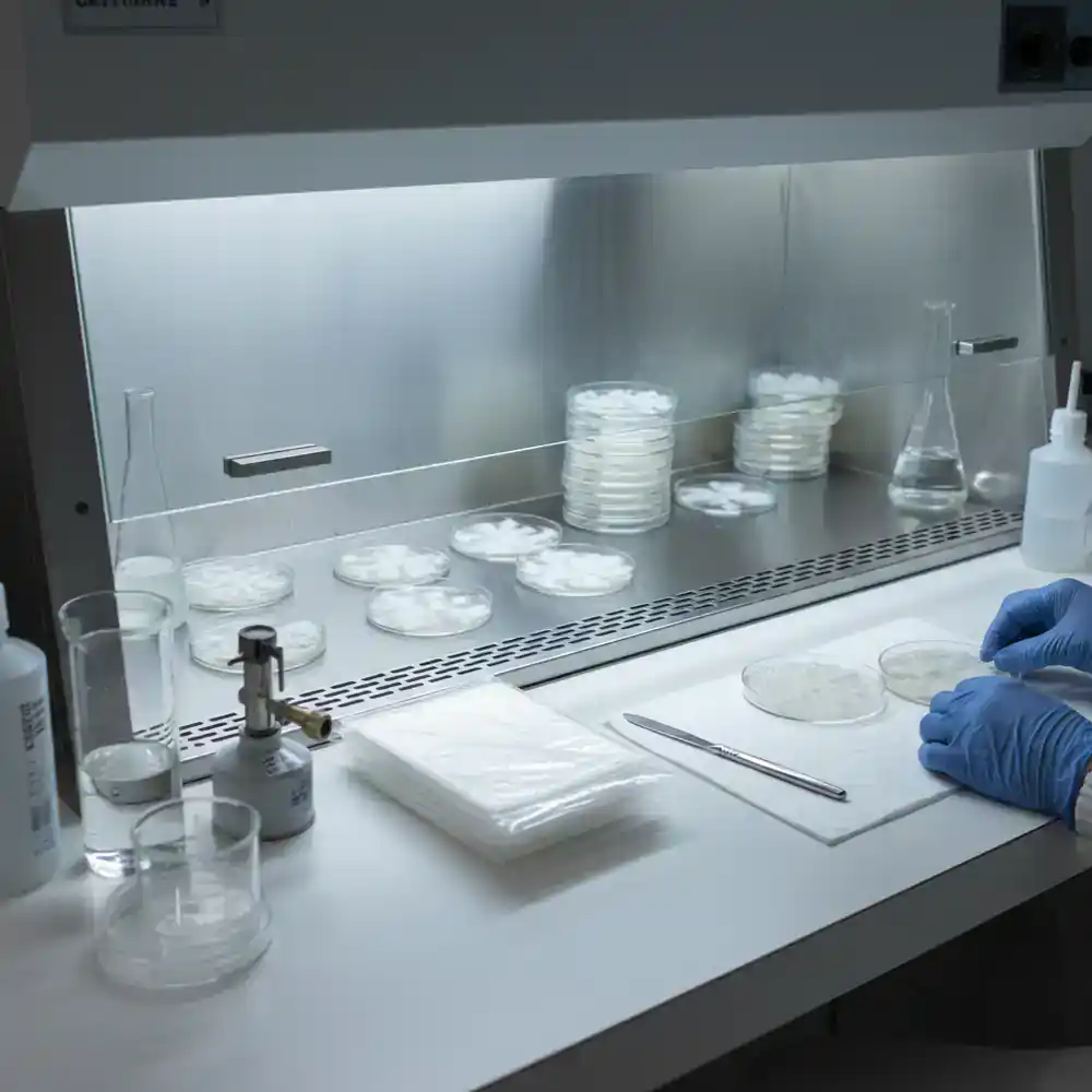 Sterile mushroom cultivation lab setup with petri dishes