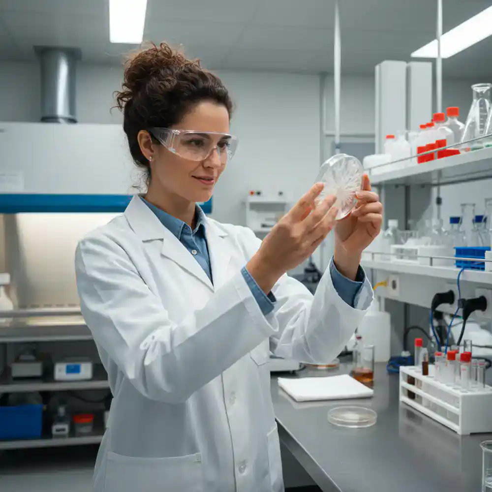 Grow support specialist analyzing mycelium in a lab