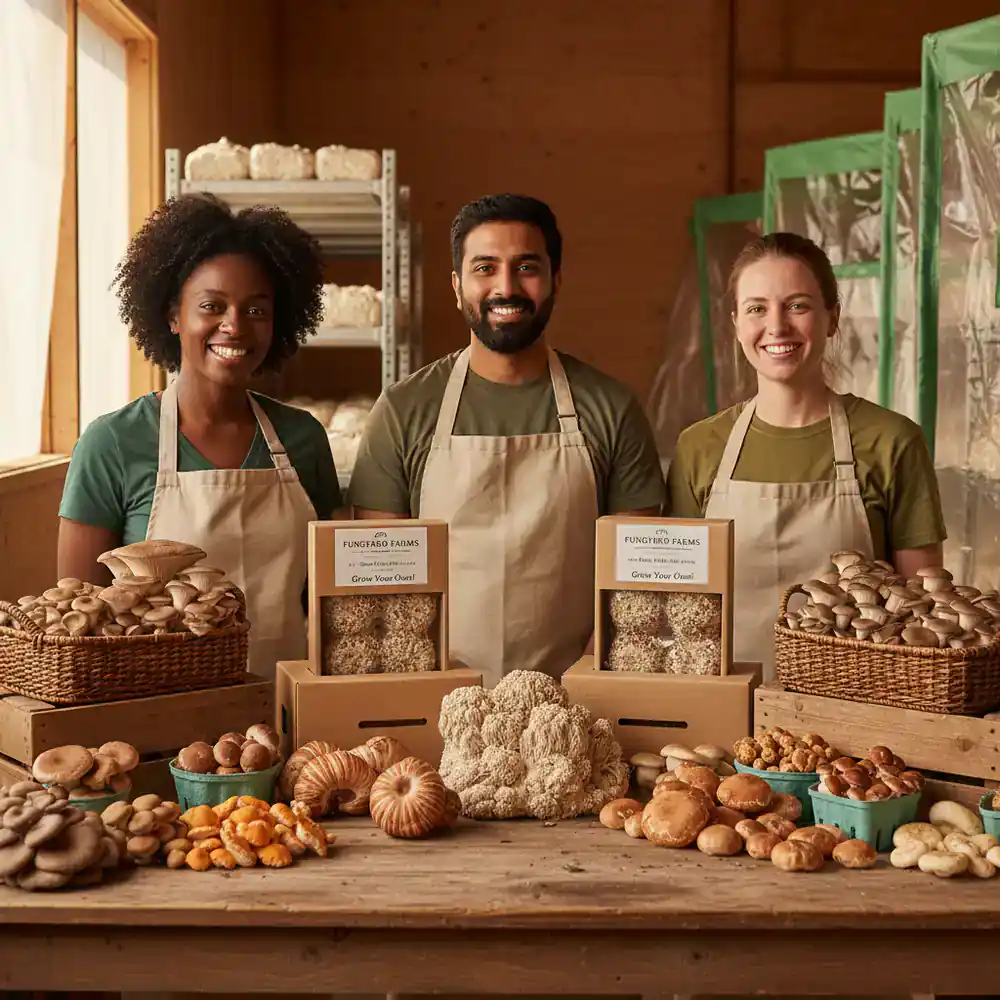 Mushroom farm support and packaging team smiling