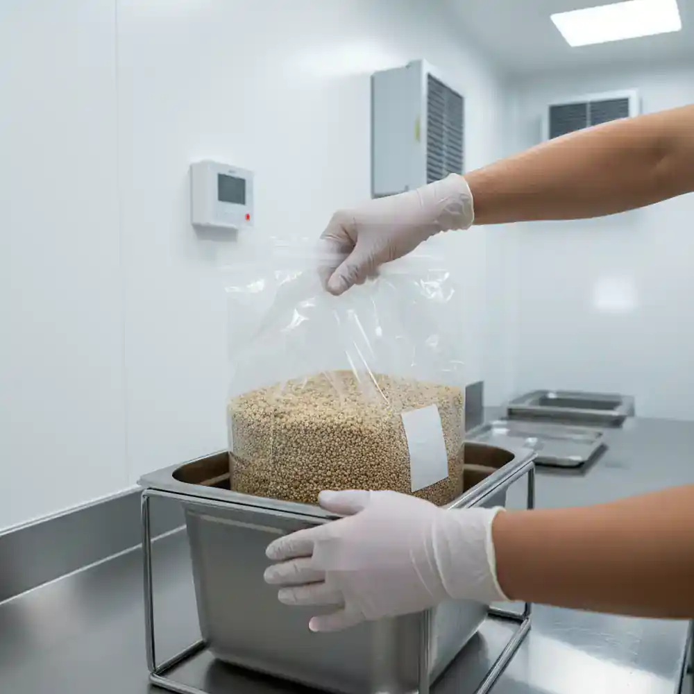 Packing sterile substrate into mushroom grow bags