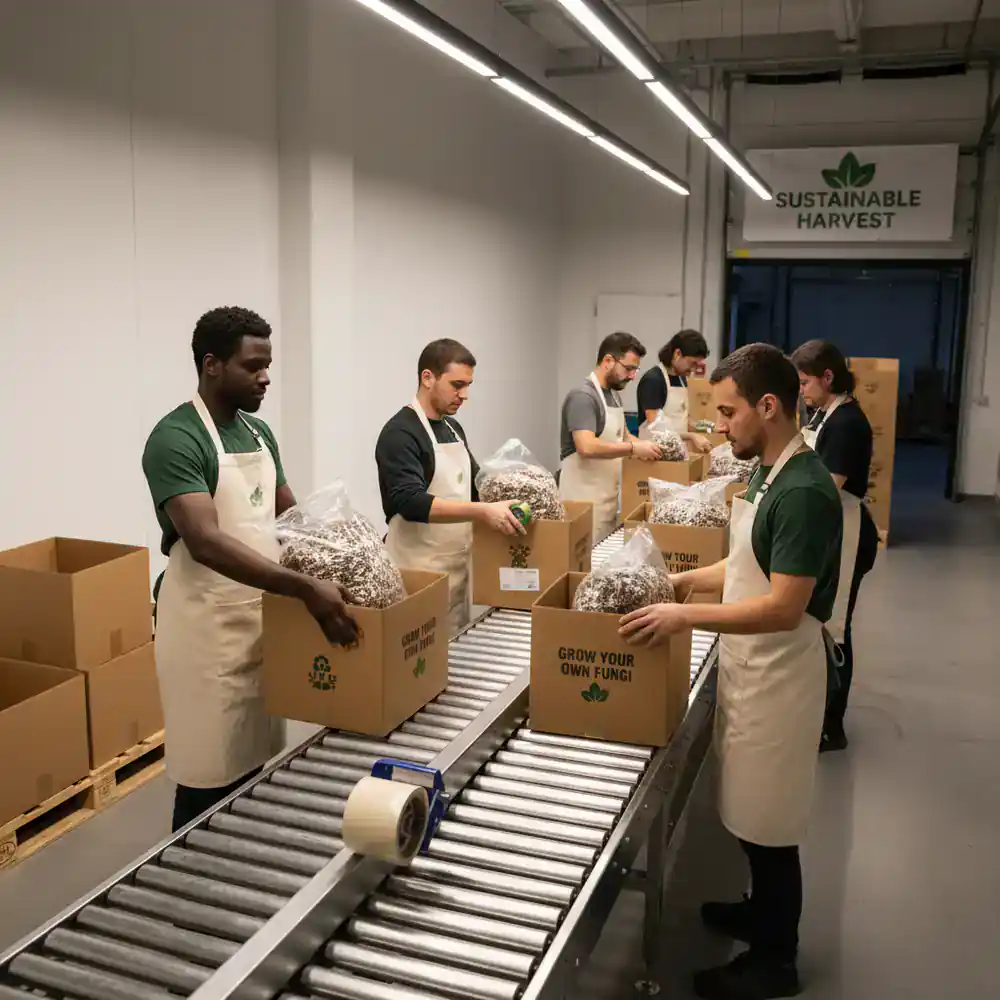 Team assembling mushroom grow kits in a warehouse