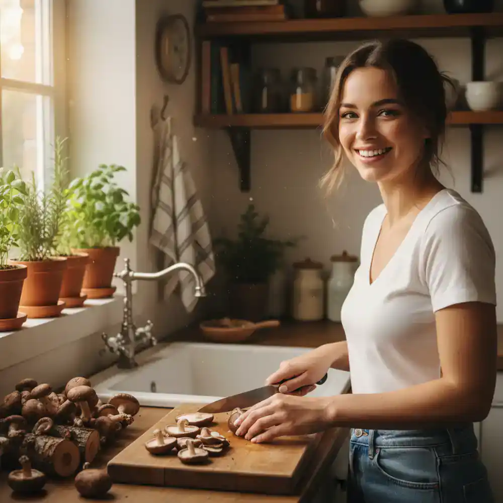 Woman slicing homegrown shiitake mushrooms in a cozy kitchen