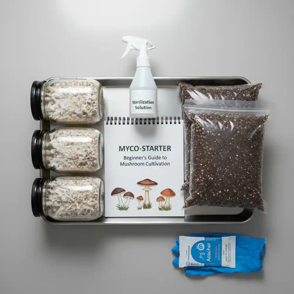 Mycology starter kit and cultivation supplies laid out