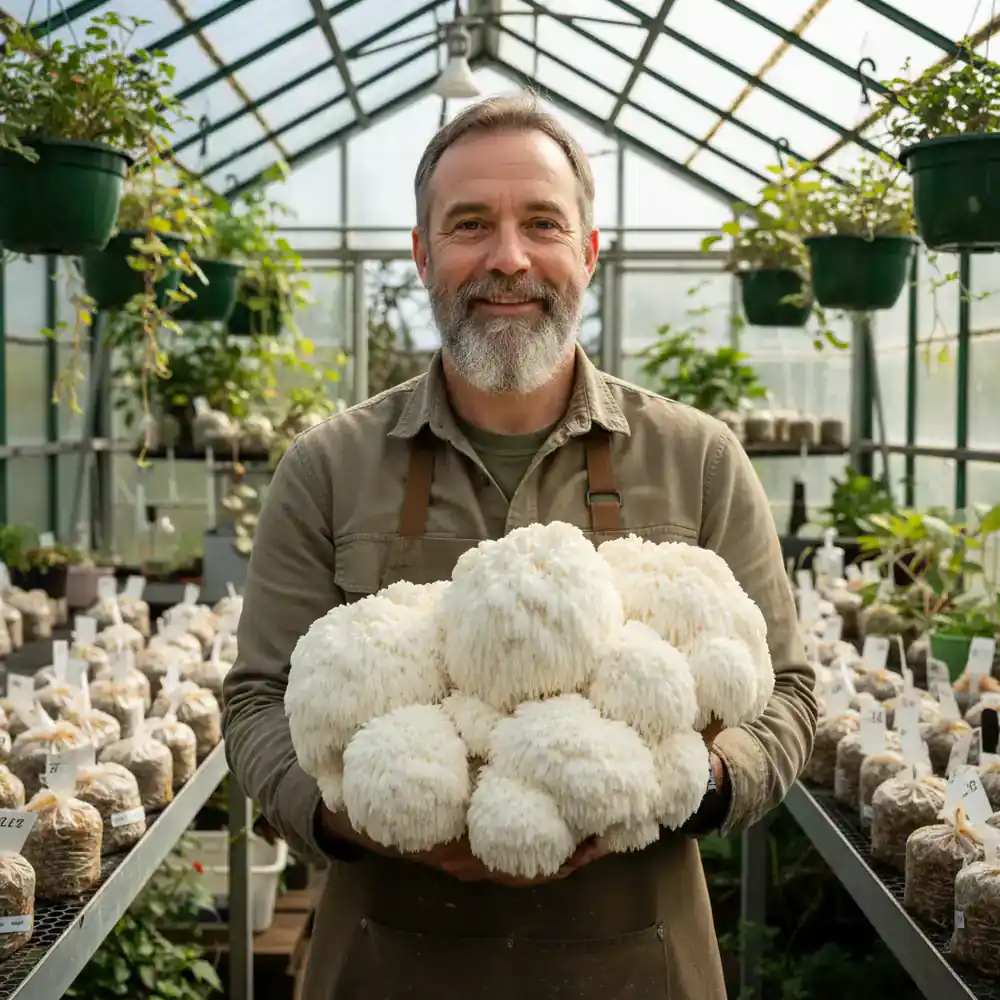 Mycology expert holding a fresh Lion's Mane mushroom