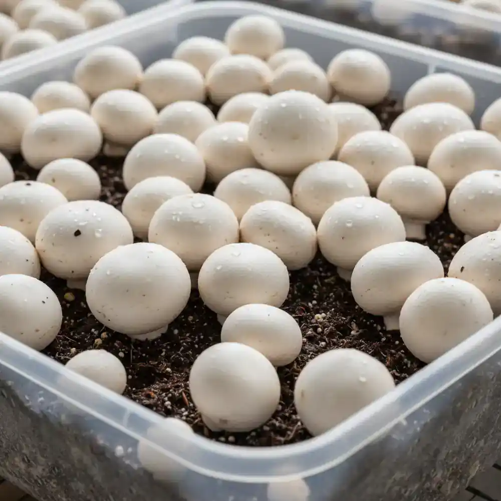 Tray filled with fresh white button mushrooms