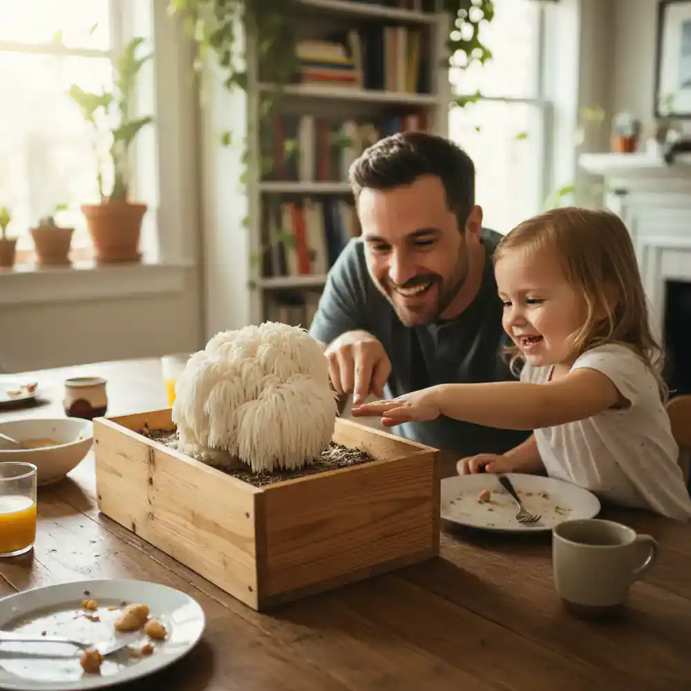 Father and daughter inspecting a growing Lion's Mane mushroom