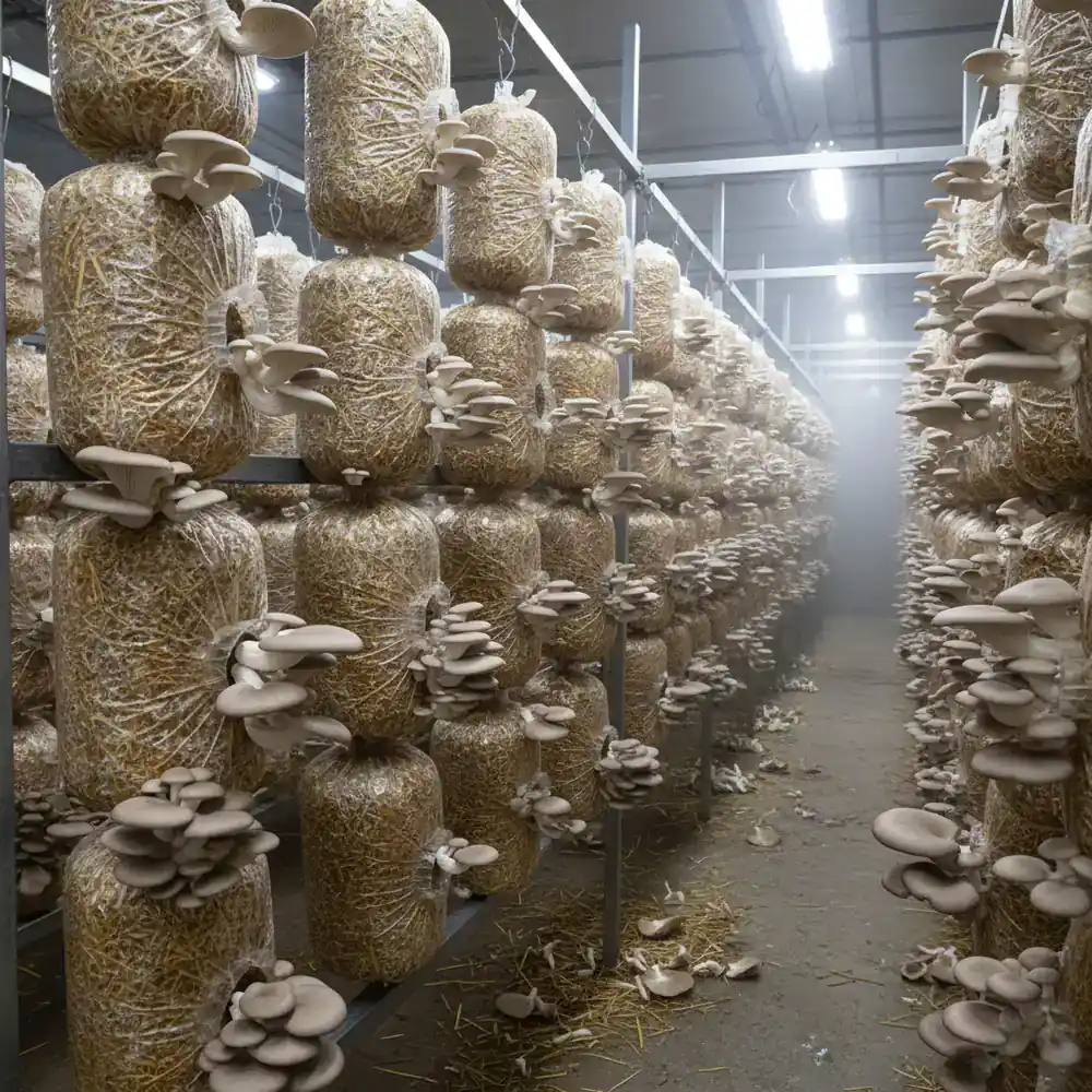 Indoor oyster mushroom farm showing rows of growing bags