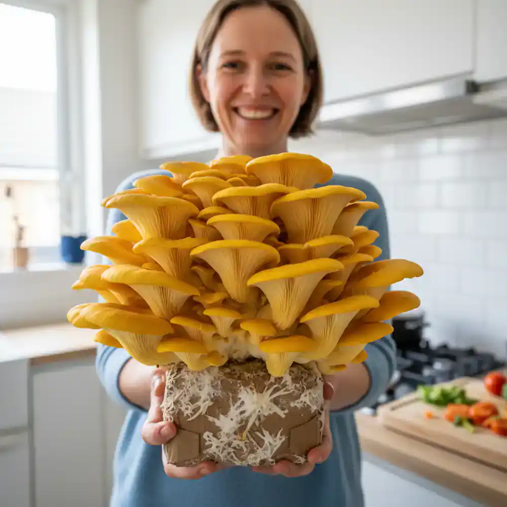 Happy customer holding homegrown golden oyster mushrooms