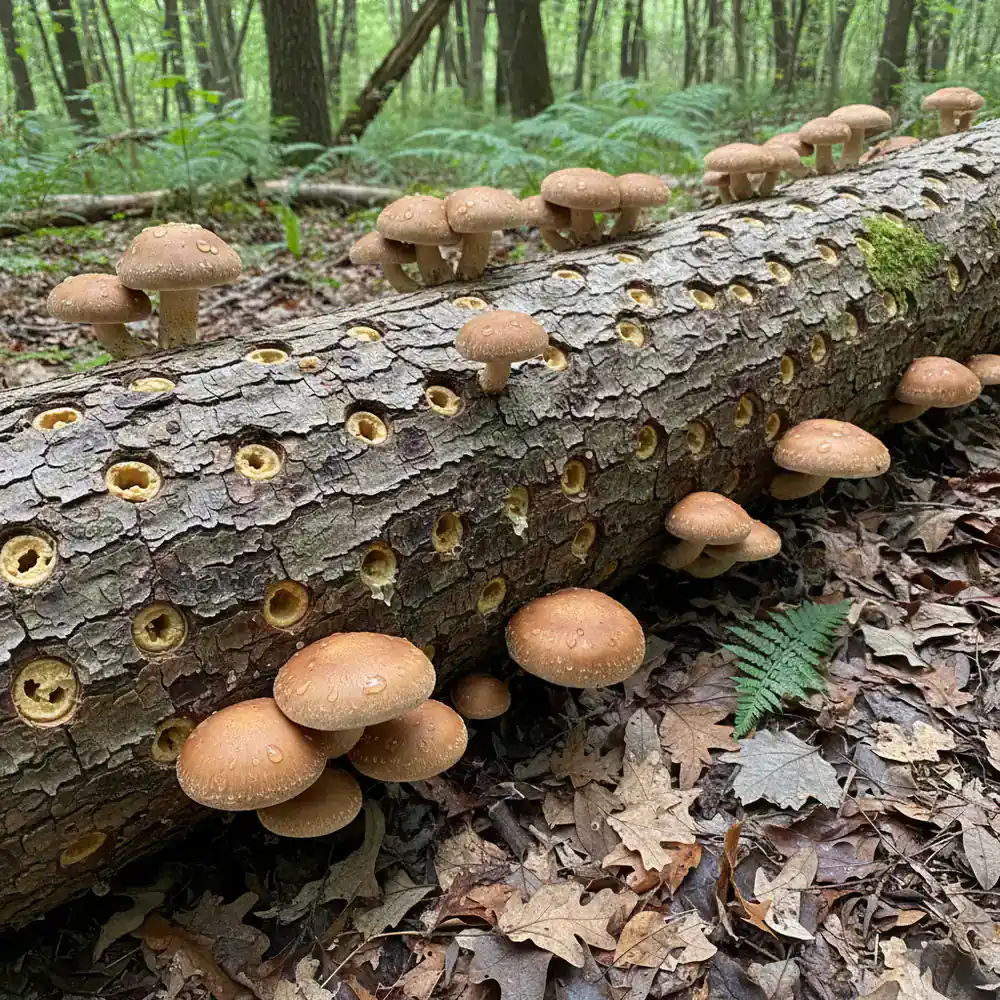 Shiitake mushrooms growing from a natural wooden log