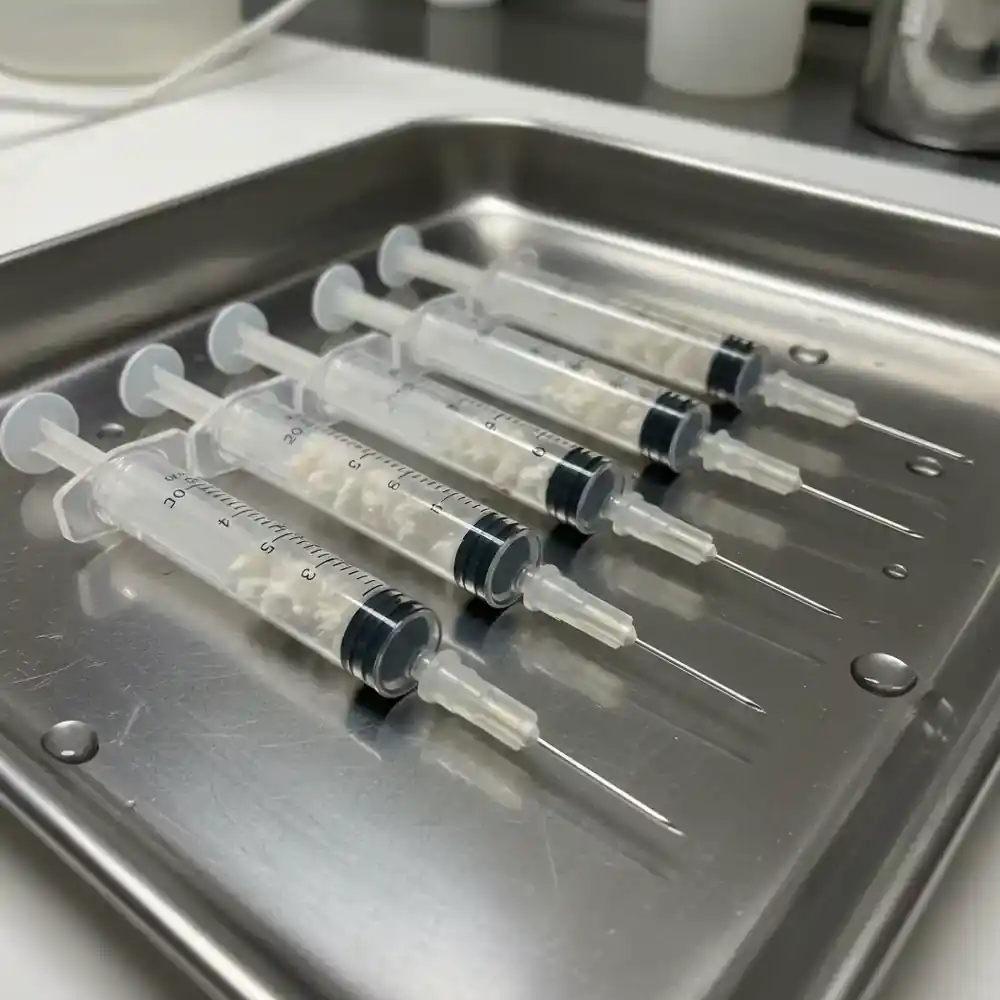 Liquid culture mycelium syringes on a metal tray